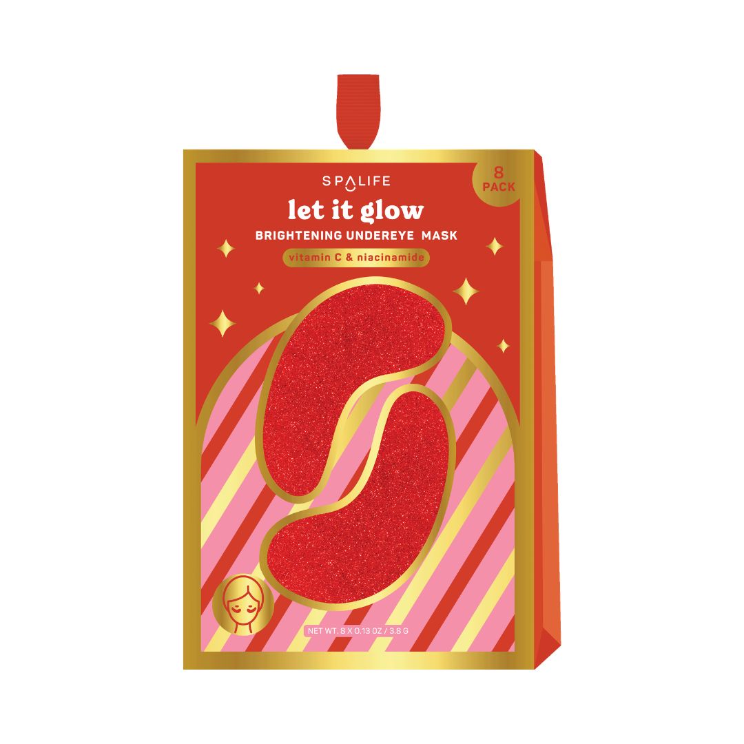 Spalife 'Let It Glow' Brightening Undereye Mask 8-pack in a festive red and gold packaging box, featuring a glittery red undereye patch illustration on a pink and gold striped background.