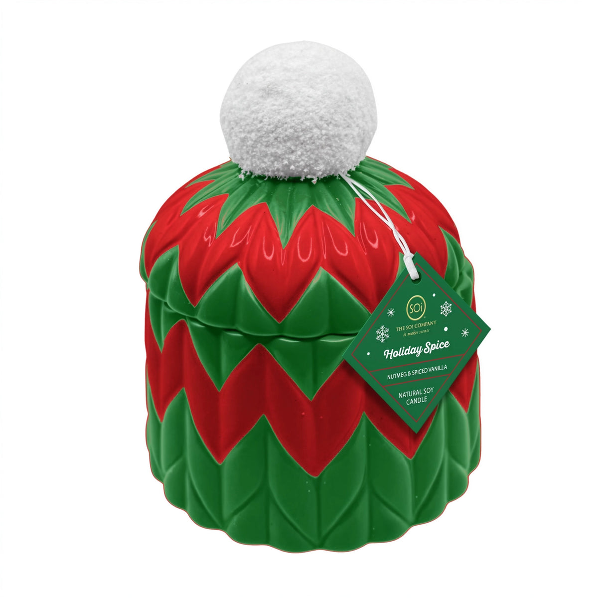 A ceramic Christmas elf hat scented candle by The Scent Company. The candle features a red and green chevron pattern with a white faux-fur pom-pom on top.