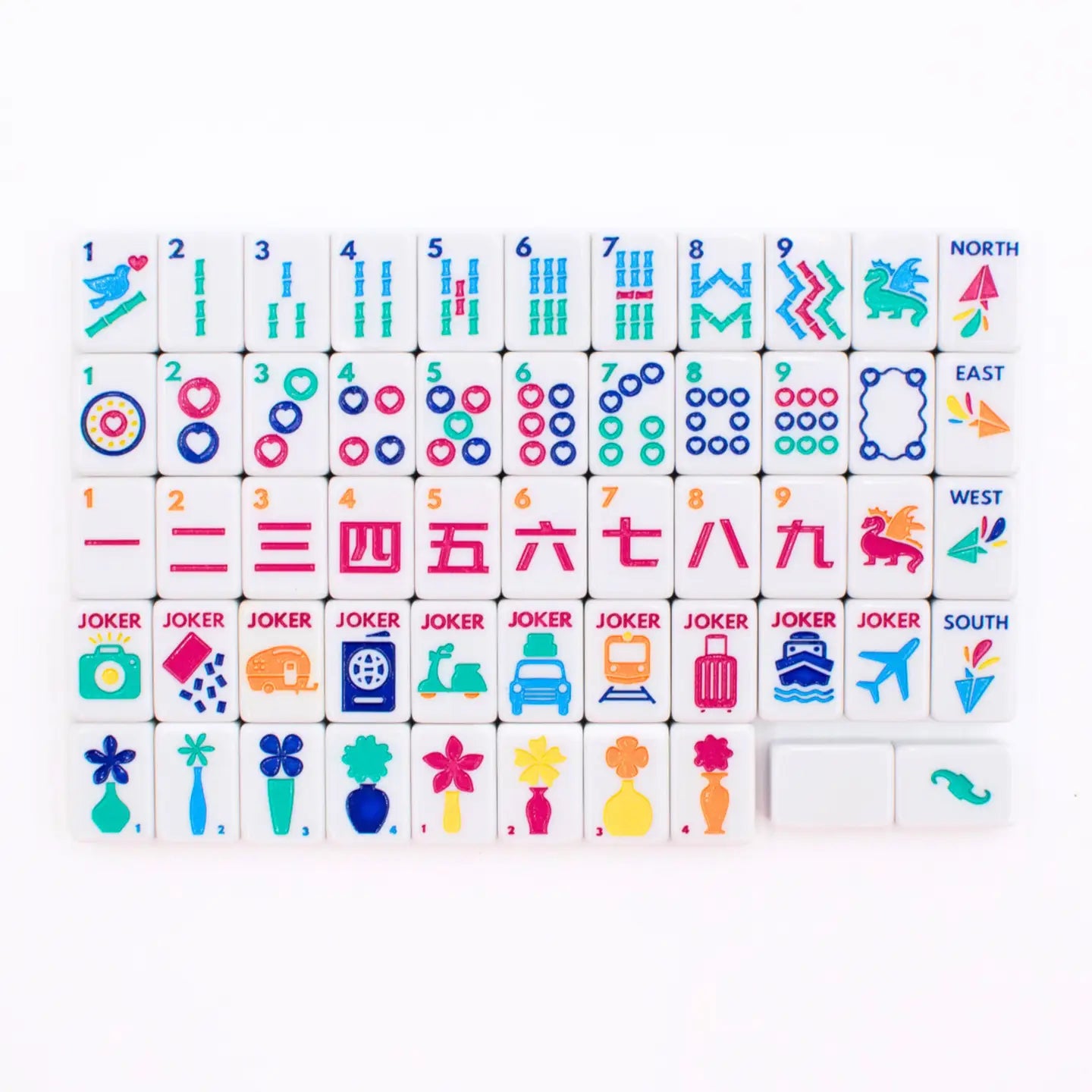 Set of colorful麻将 tiles with various symbols on a white background