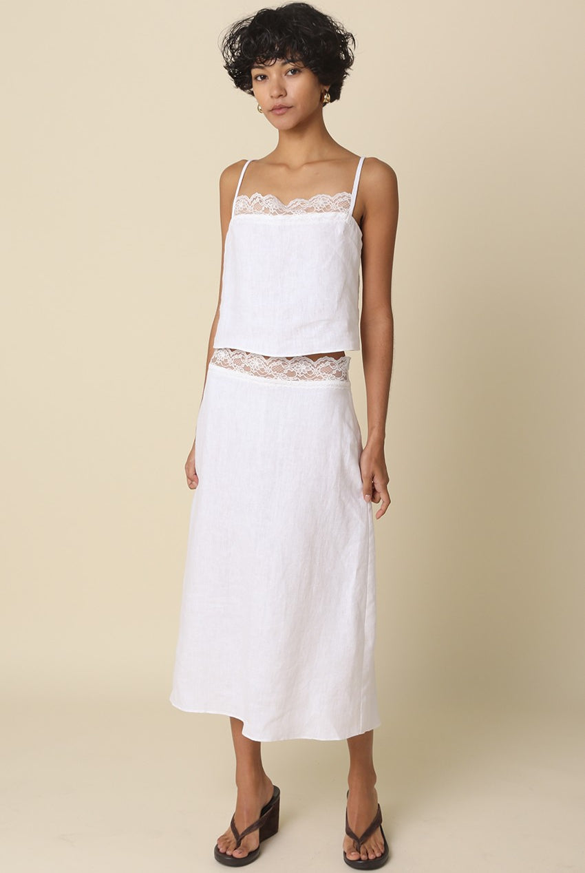 Woman wearing a white dress with lace details on a beige background