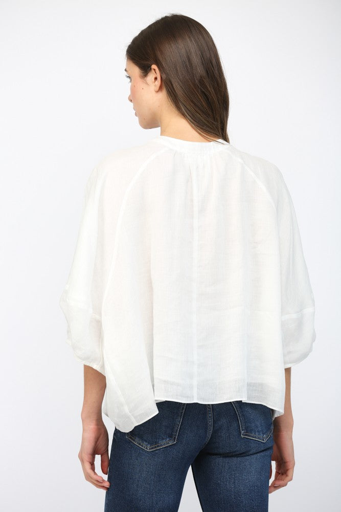Person wearing a white blouse and blue jeans on a white background