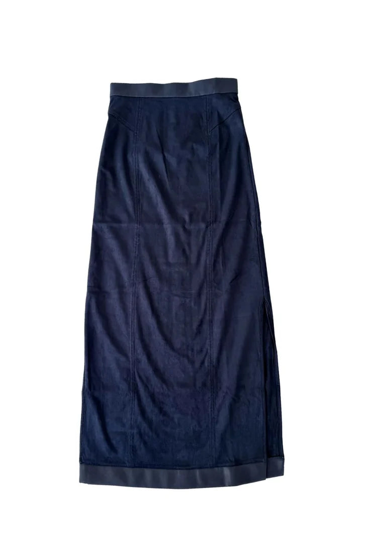 A dark navy blue midi skirt with a textured fabric and contrasting dark trim at the waistband and hem, displayed flat against a white background.