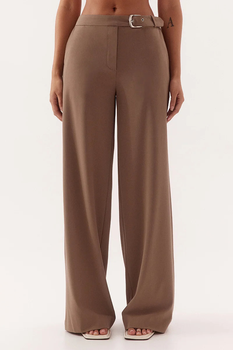 Brown wide-leg pants with a belt on a white background