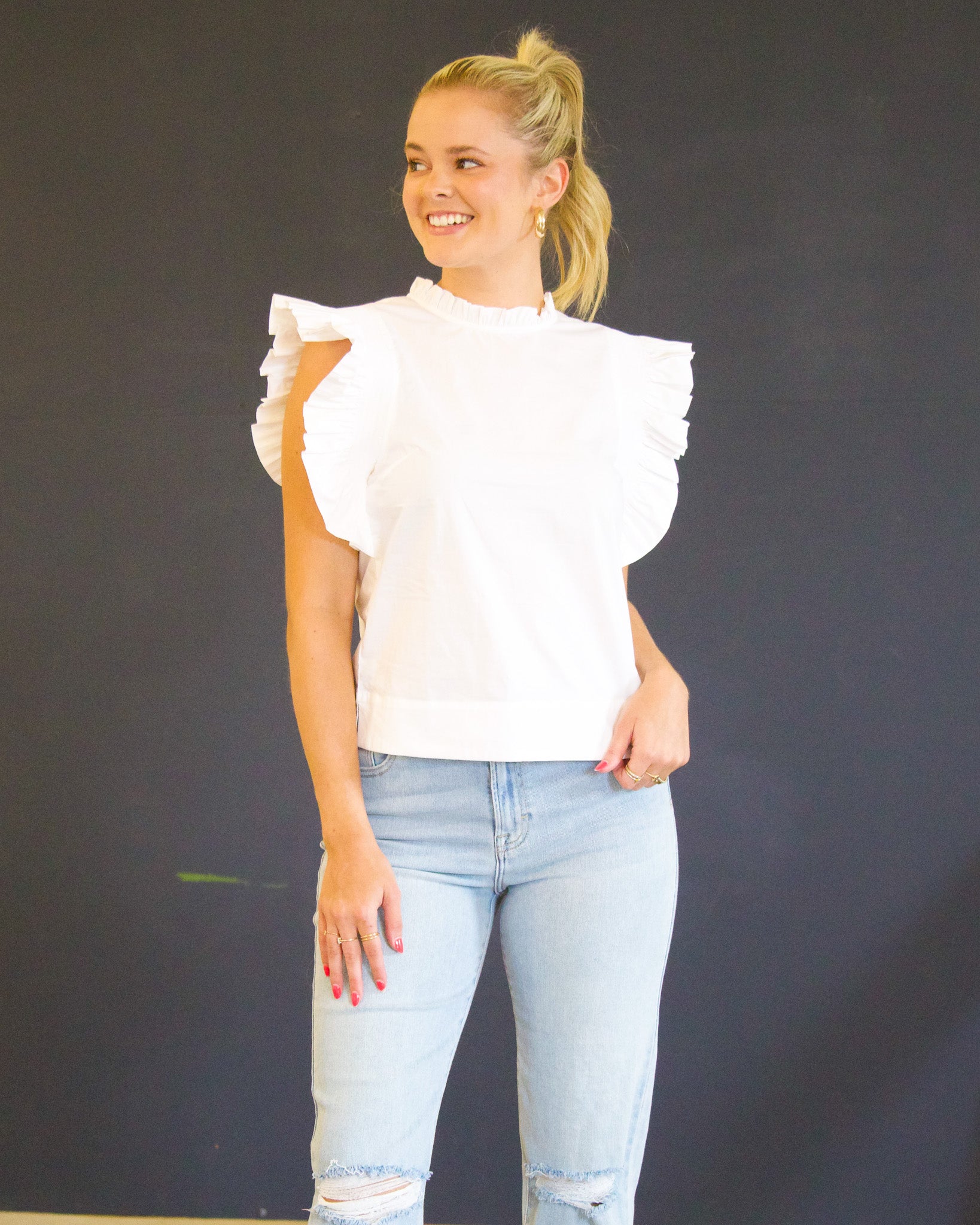 White Ruffle Sleeve Poplin Top
