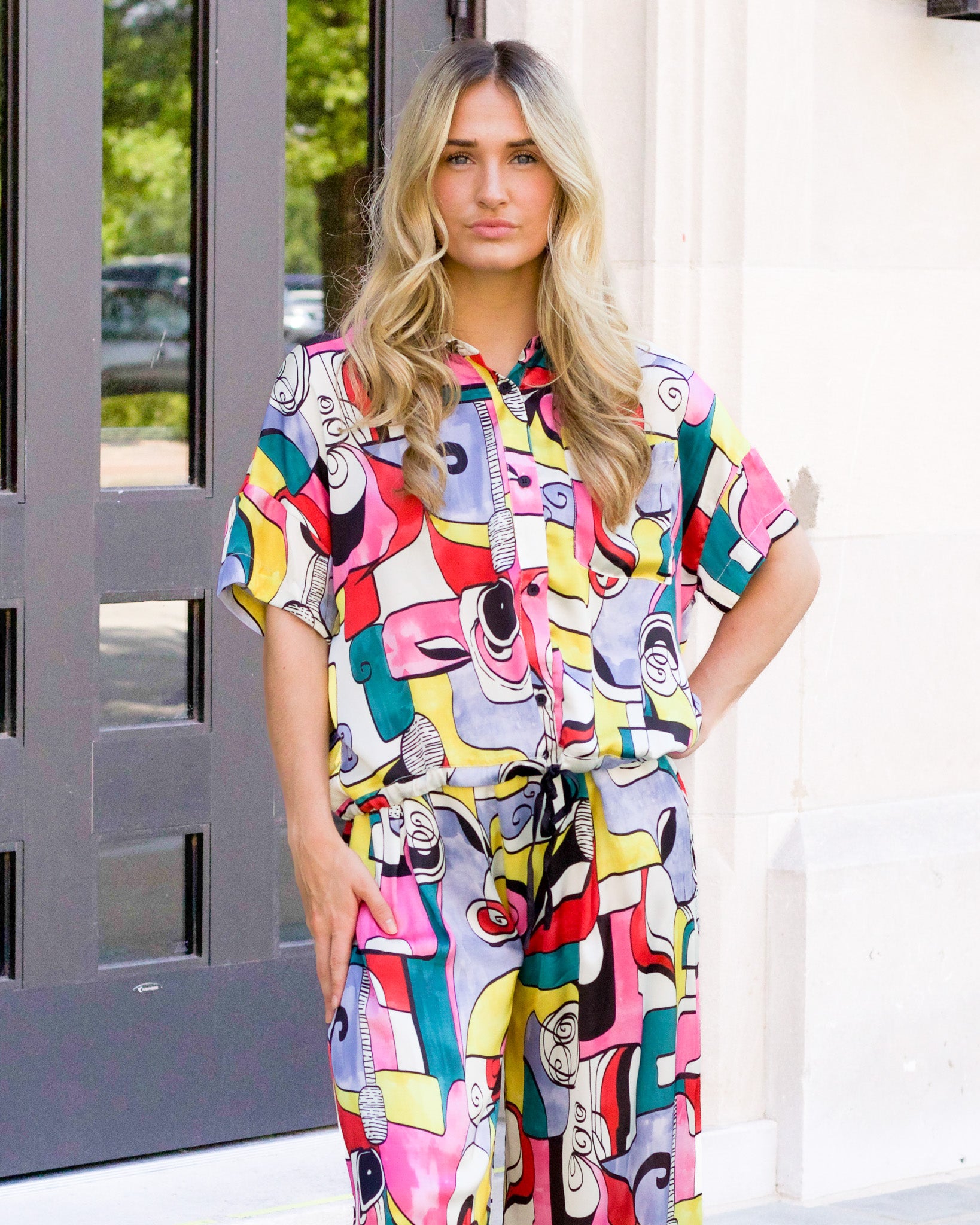 Abstract Print Drawstring Top