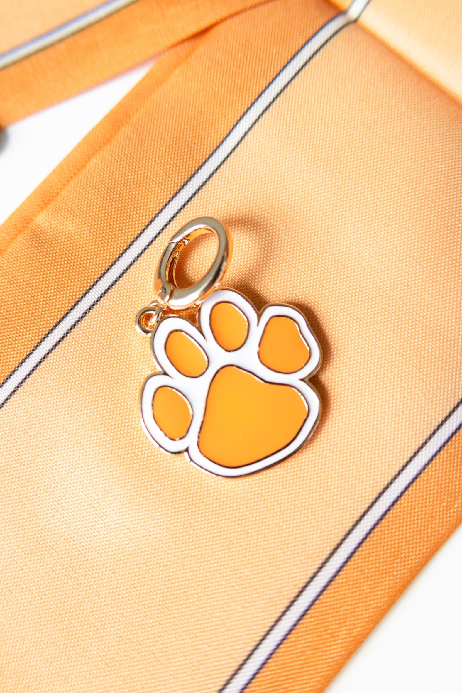 orange paw pendant charm on a orange satin background