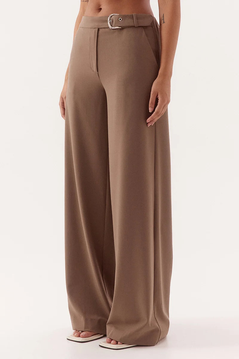 Brown wide-leg pants with a belt on a white background