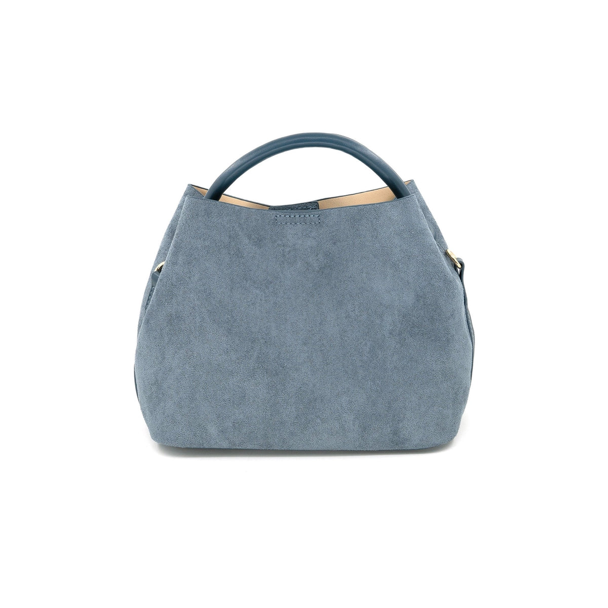 A dusty blue suede handbag with a top handle, photographed against a solid white background.