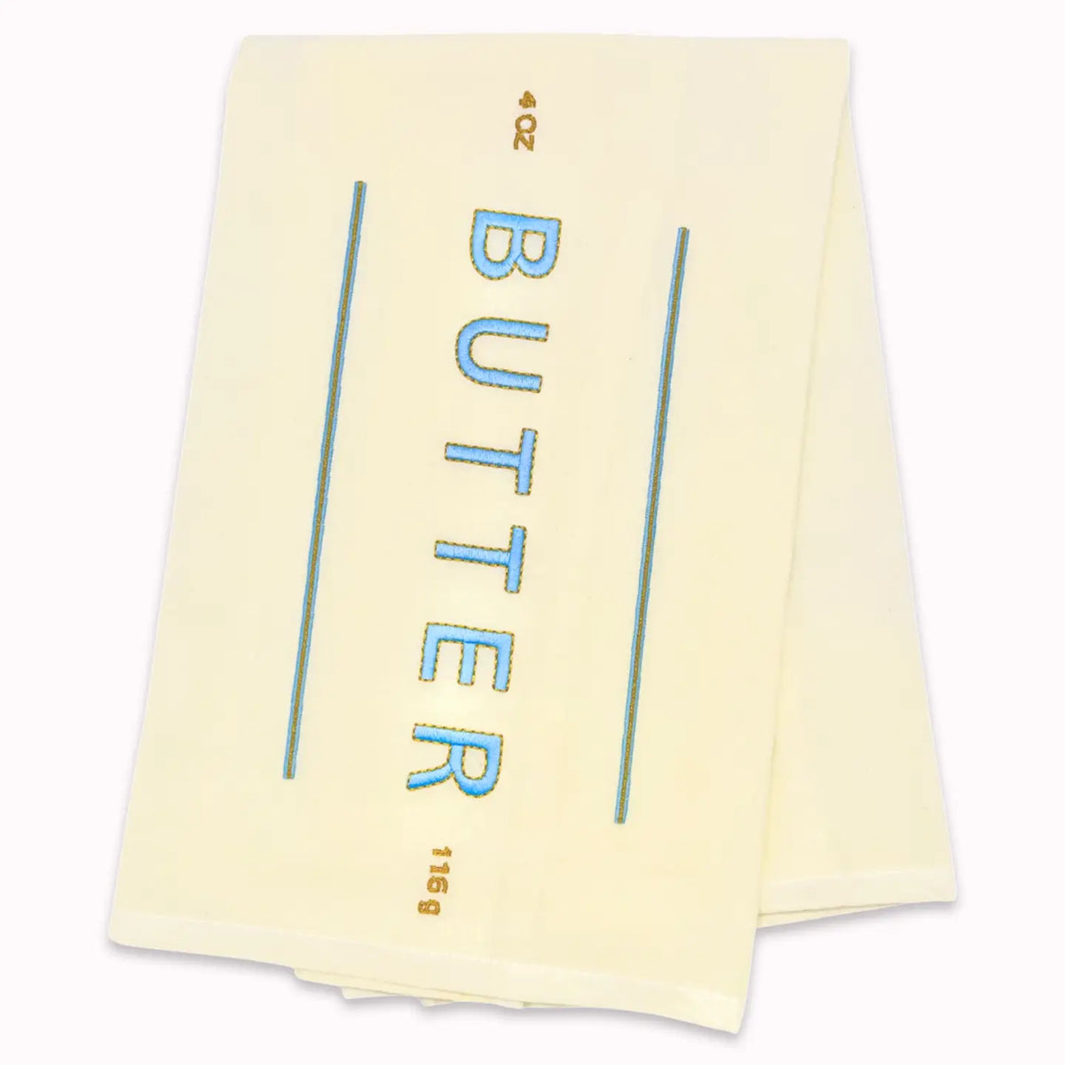 A stack of cream-colored butter wrappers with 'BUTTER' printed vertically in blue letters, flanked by two teal lines, on a plain white background.