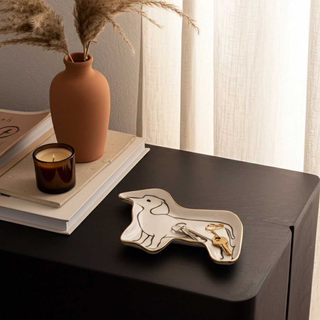 Decorative plate with a dog design on a table next to a candle and vase.