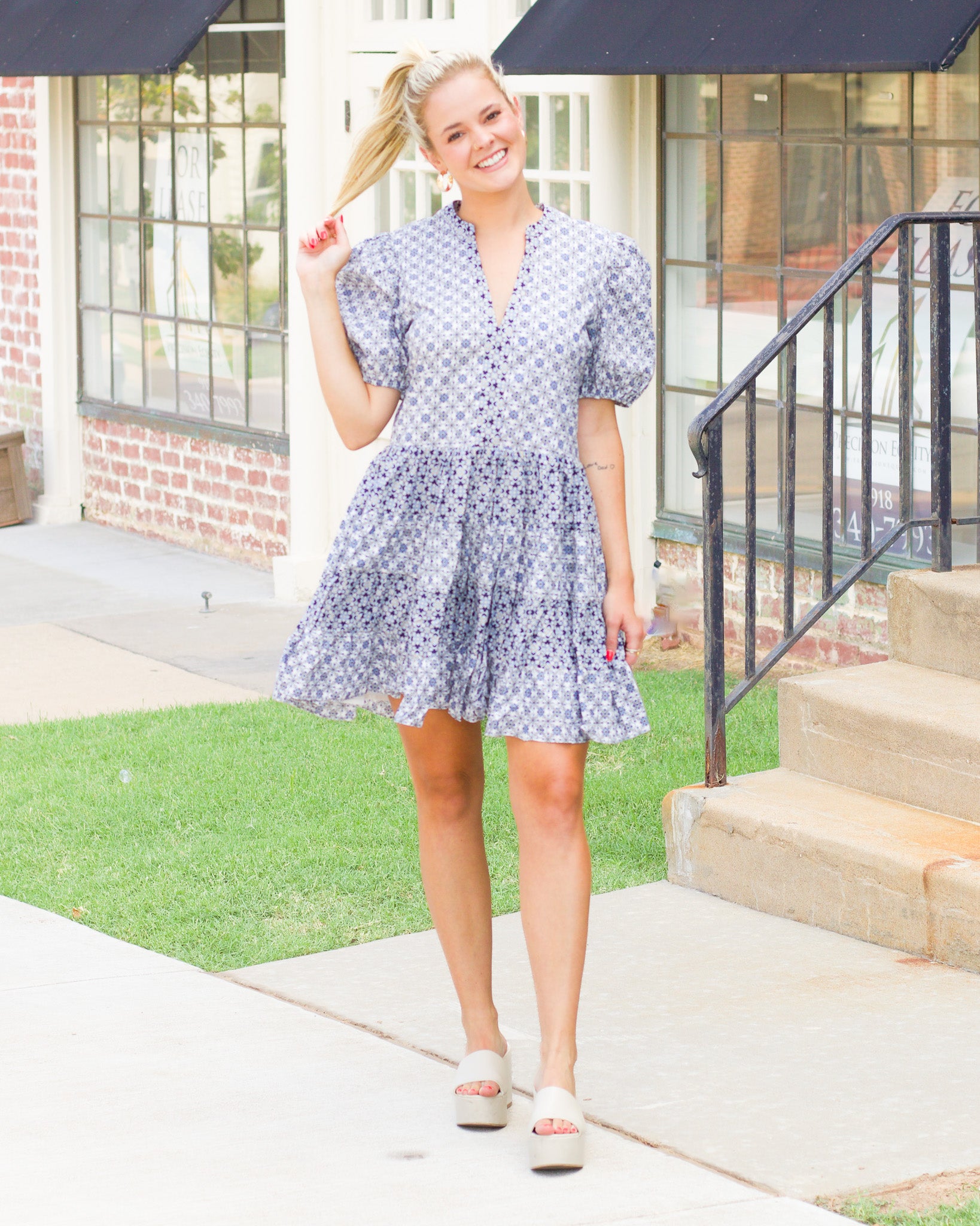 Navy Printed Mini Dress
