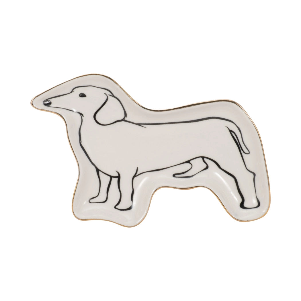 Dog-shaped ceramic plate with black outline on a white background