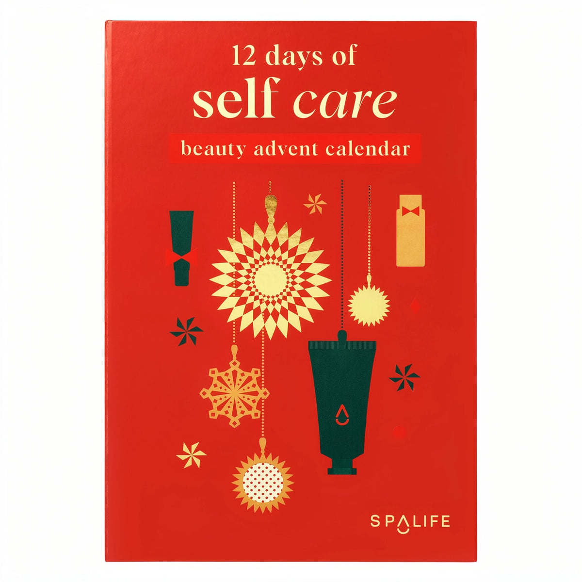 A red rectangular box for a '12 days of self care beauty advent calendar' by SPALIFE, decorated with gold and dark green minimalist illustrations of cosmetic containers and ornaments.