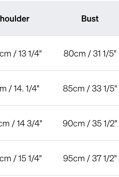 Size chart for clothing with measurements in centimeters and inches.