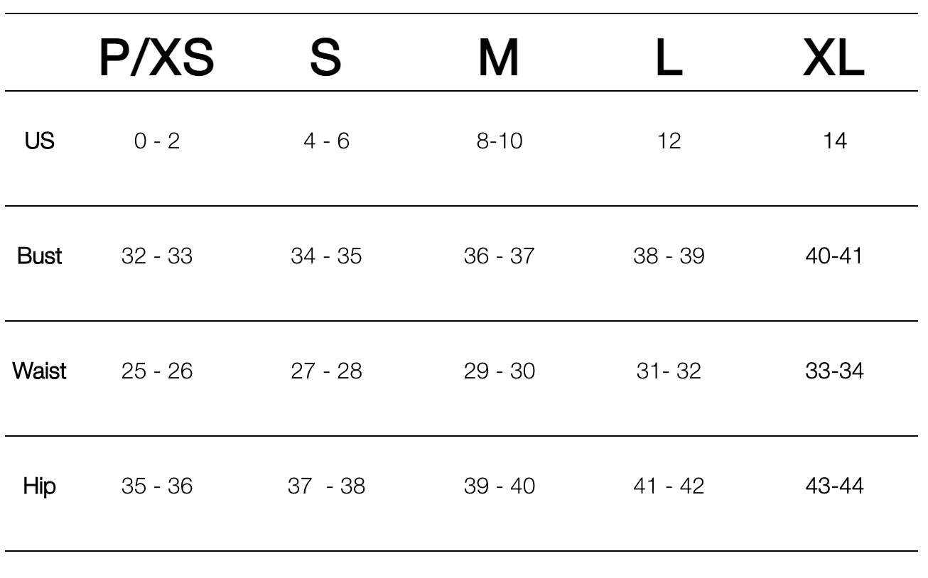 Size chart for the Amanda Uprichard Selah Dress, indicating measurements and corresponding sizes for P/XS to XL.