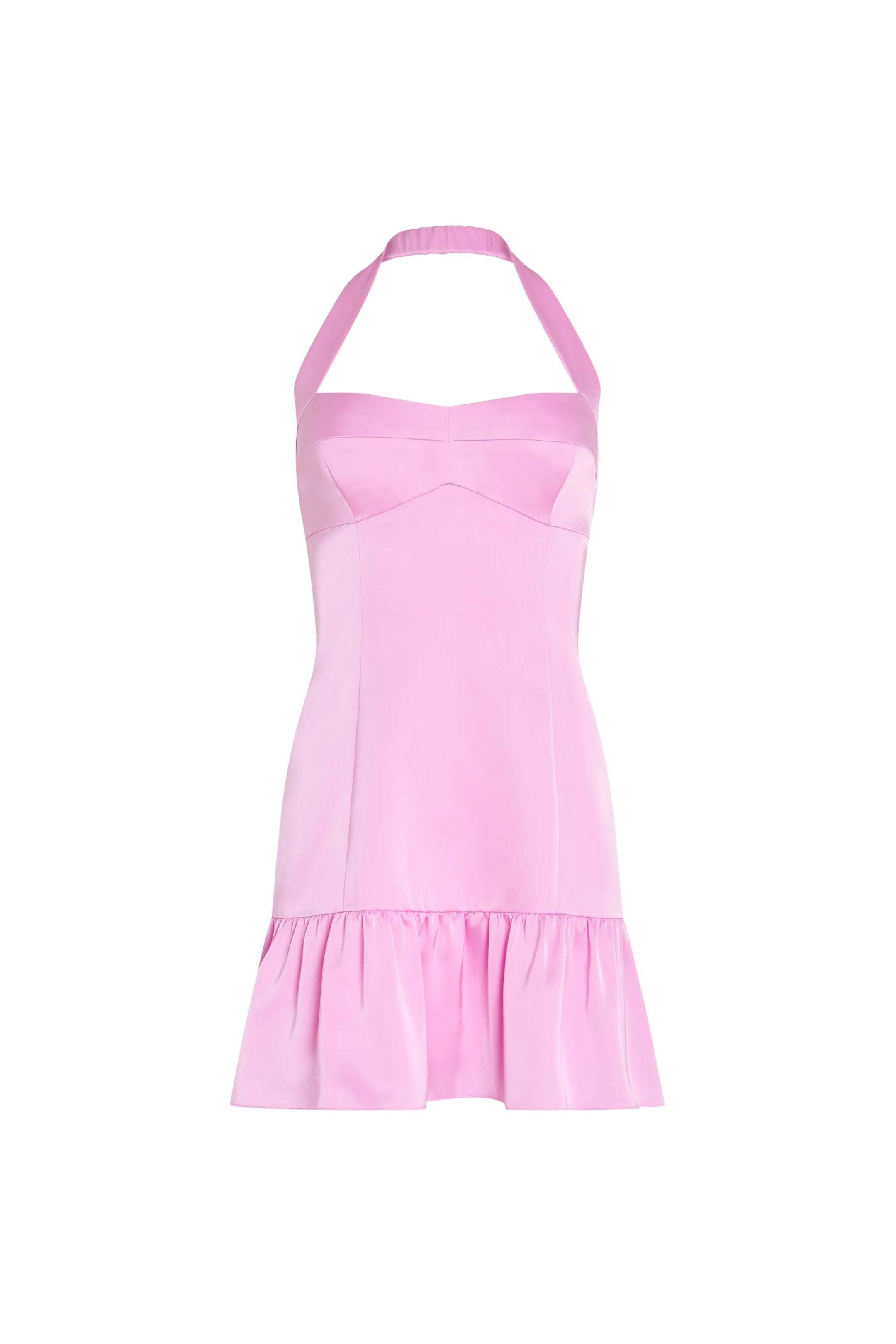 Pink halter neck dress on a white background