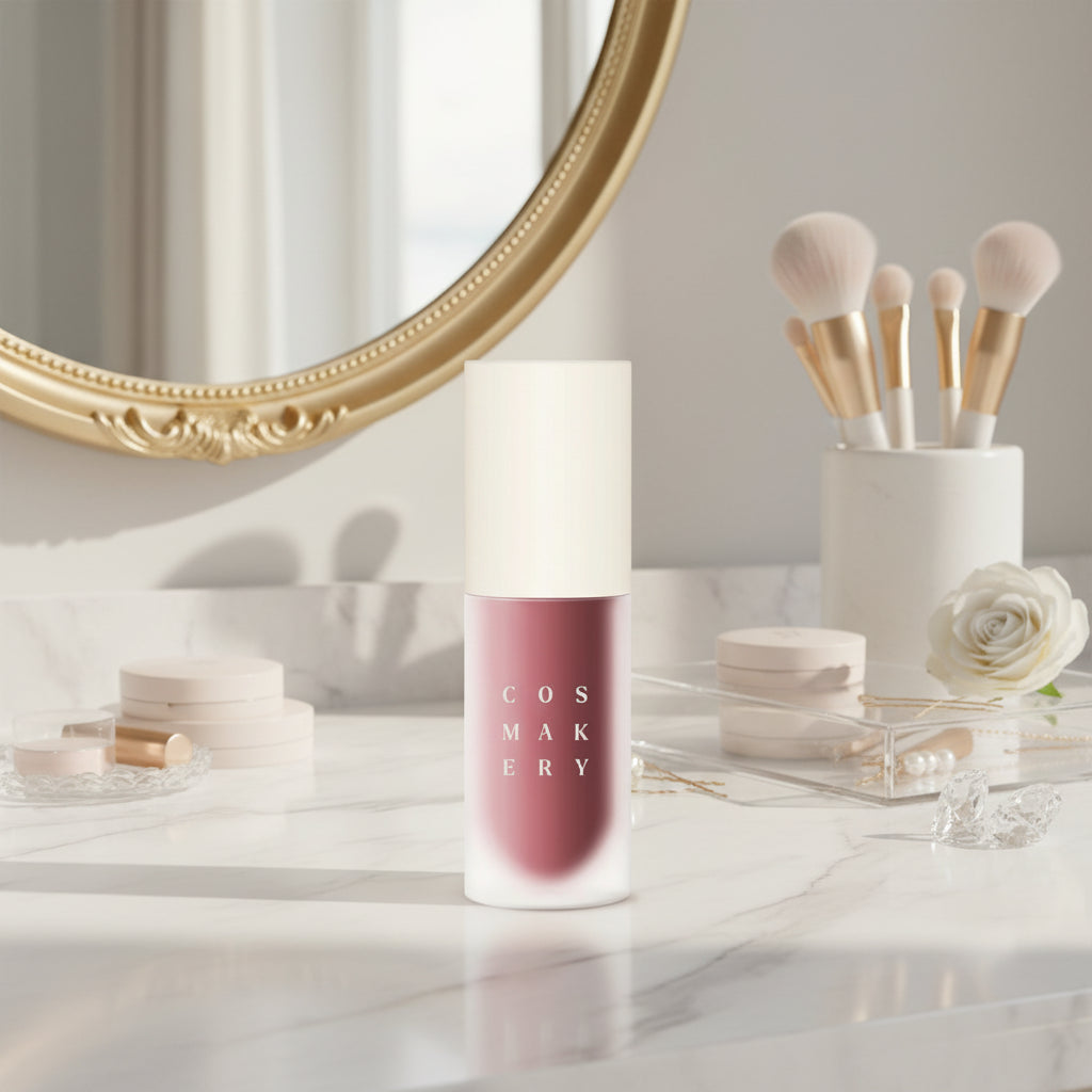 Lip tint with 'Cosmakery' branding on a white background