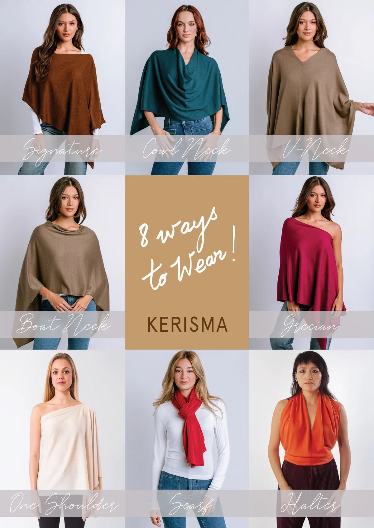 Collage of a woman wearing a Kerisma poncho in various styles on a white background.
