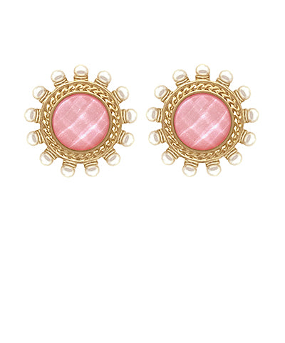 Pair of earrings with pink gemstones and gold accents on a white background