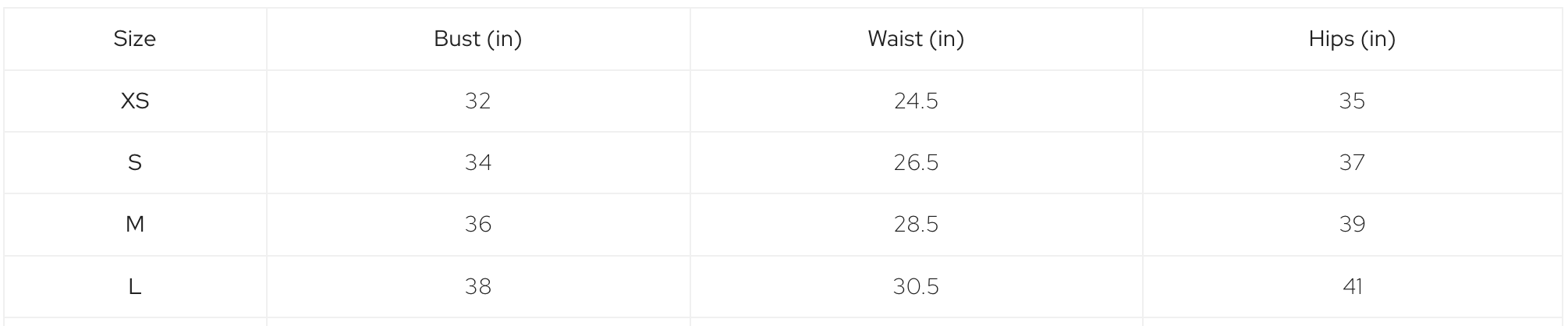 Size chart for bust, waist, and hips with measurements in inches.