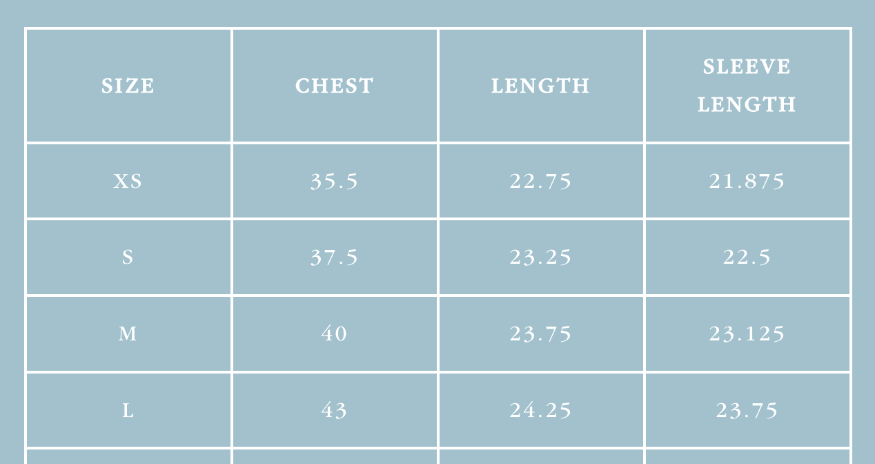Measurement chart for shirt sizes with chest, length, and sleeve length dimensions.