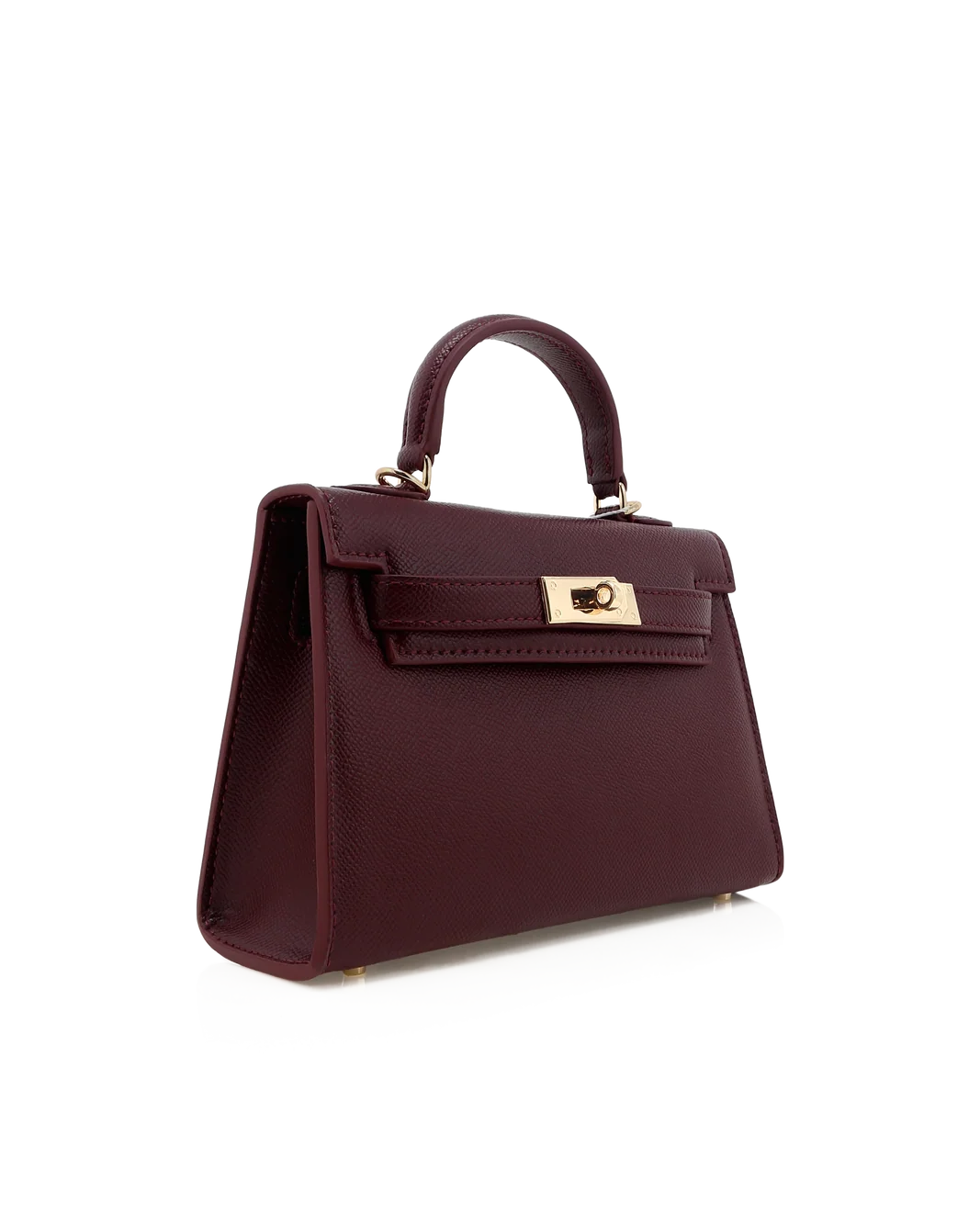 A structured mini handbag in deep burgundy textured leather with gold-tone hardware, featuring a top handle and front flap closure, shown on a plain white background.