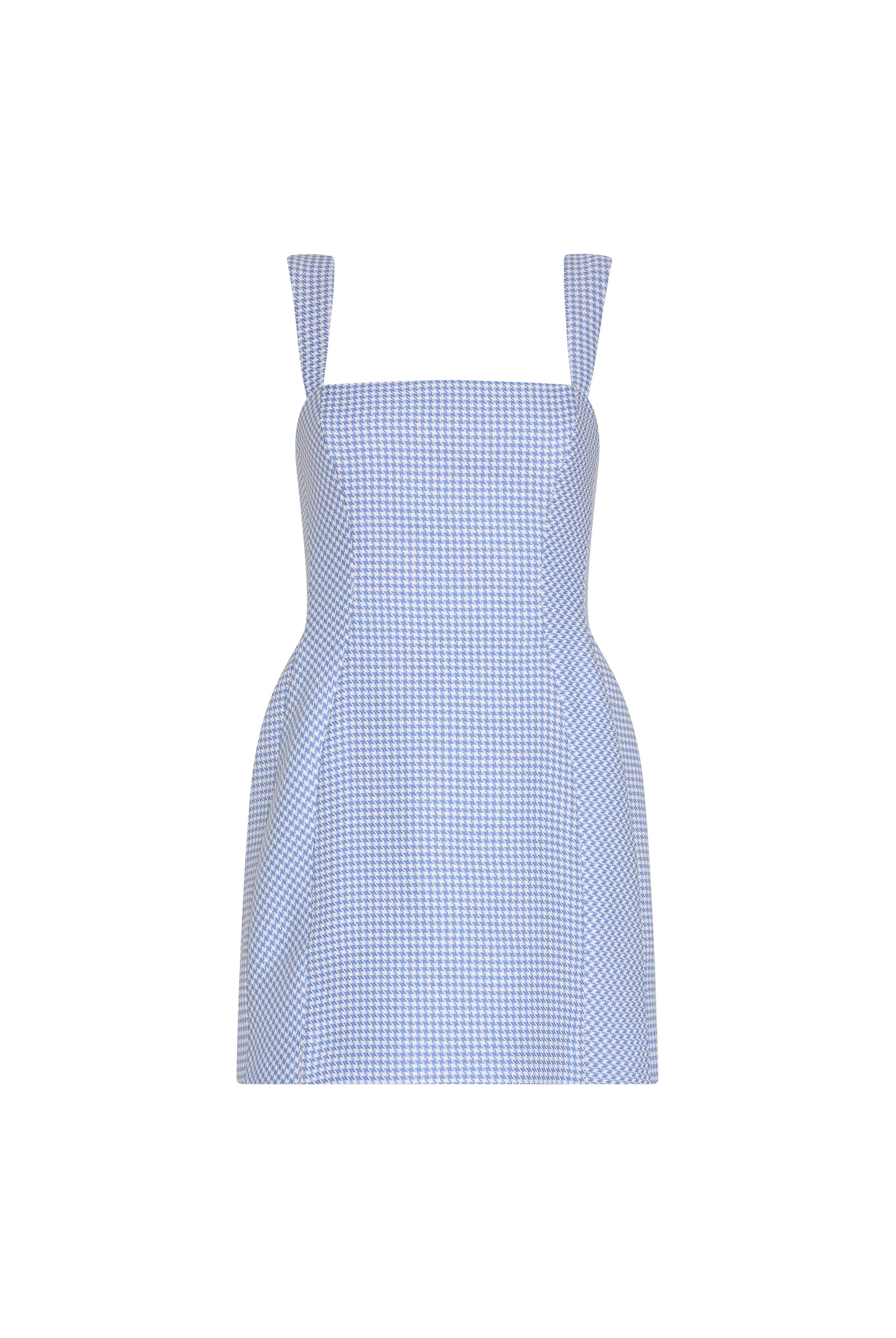 Blue and white checkered dress with thin straps on a white background