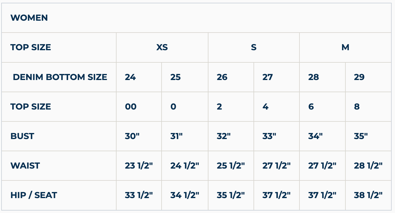 Size chart for women's clothing with top and denim bottom sizes.