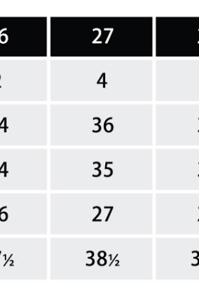 Size chart for Hidden Nori Jeans showing available sizes and corresponding measurements.