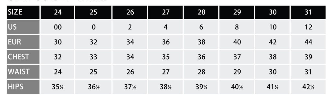 Size chart for Hidden Nori Jeans showing available sizes and corresponding measurements.