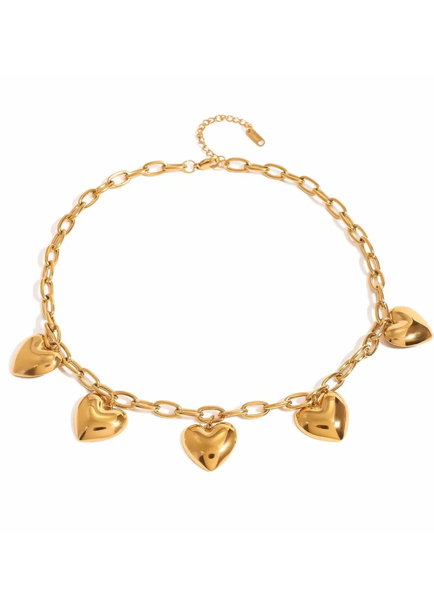 Gold necklace with heart-shaped charms on a white background