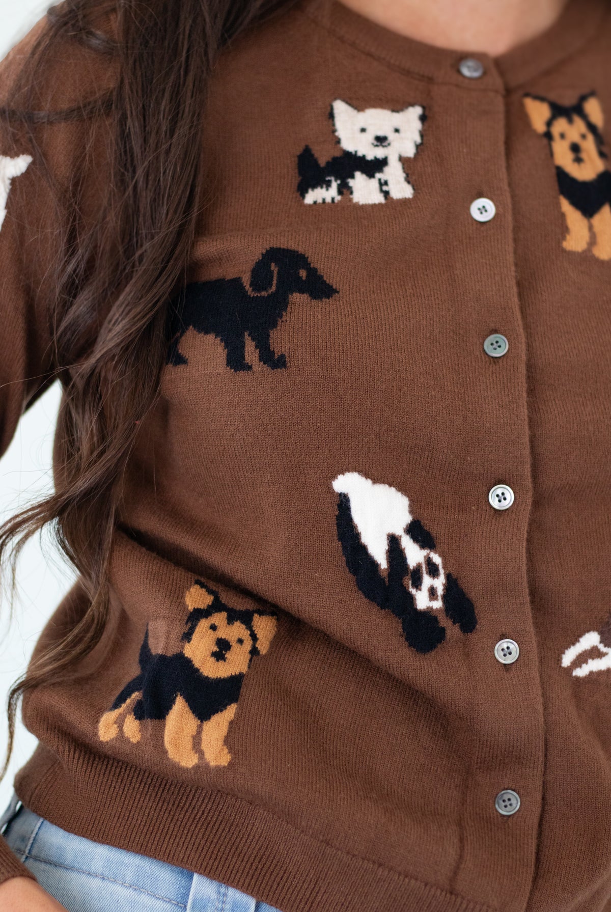 A close-up of a brown knit cardigan sweater featuring knitted dog illustrations in black, white, and tan, with silver buttons on the front. A person wearing it is partially visible, with long brown hair and light blue jeans also shown.