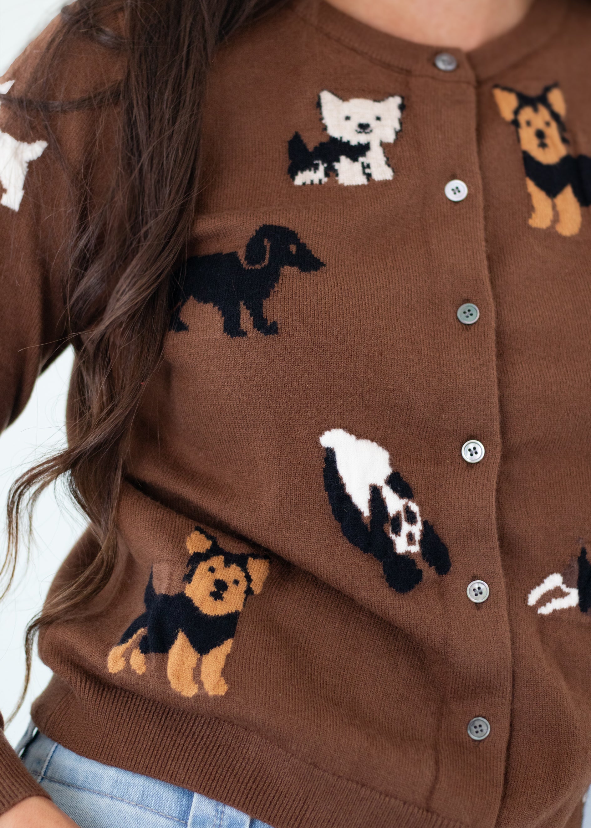 A close-up of a brown knit cardigan sweater featuring knitted dog illustrations in black, white, and tan, with silver buttons on the front. A person wearing it is partially visible, with long brown hair and light blue jeans also shown.