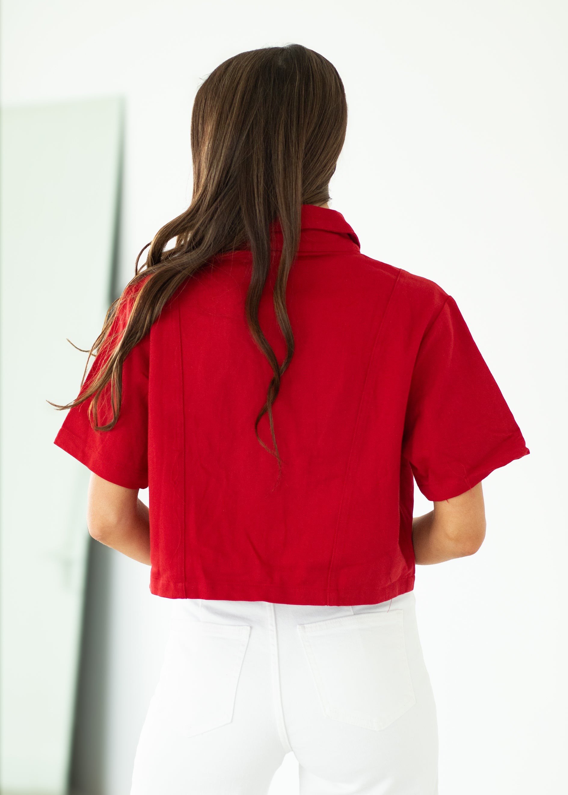 woman wearing red top