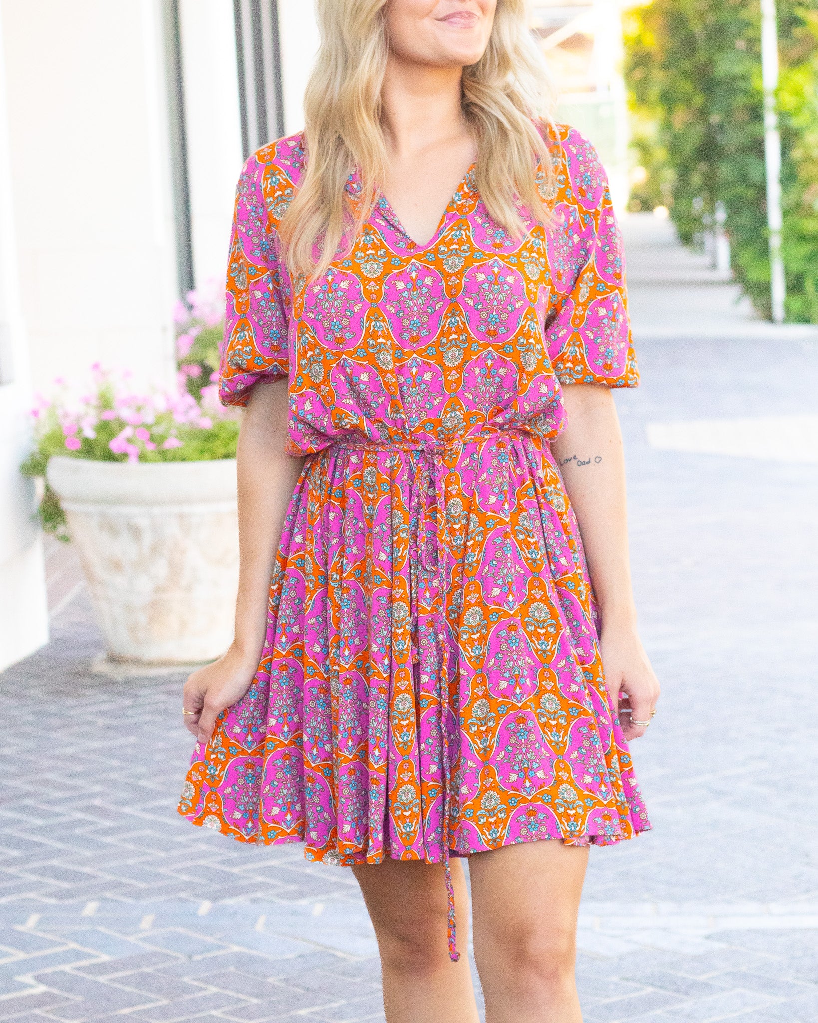 Pink & Orange Printed Belted Dress