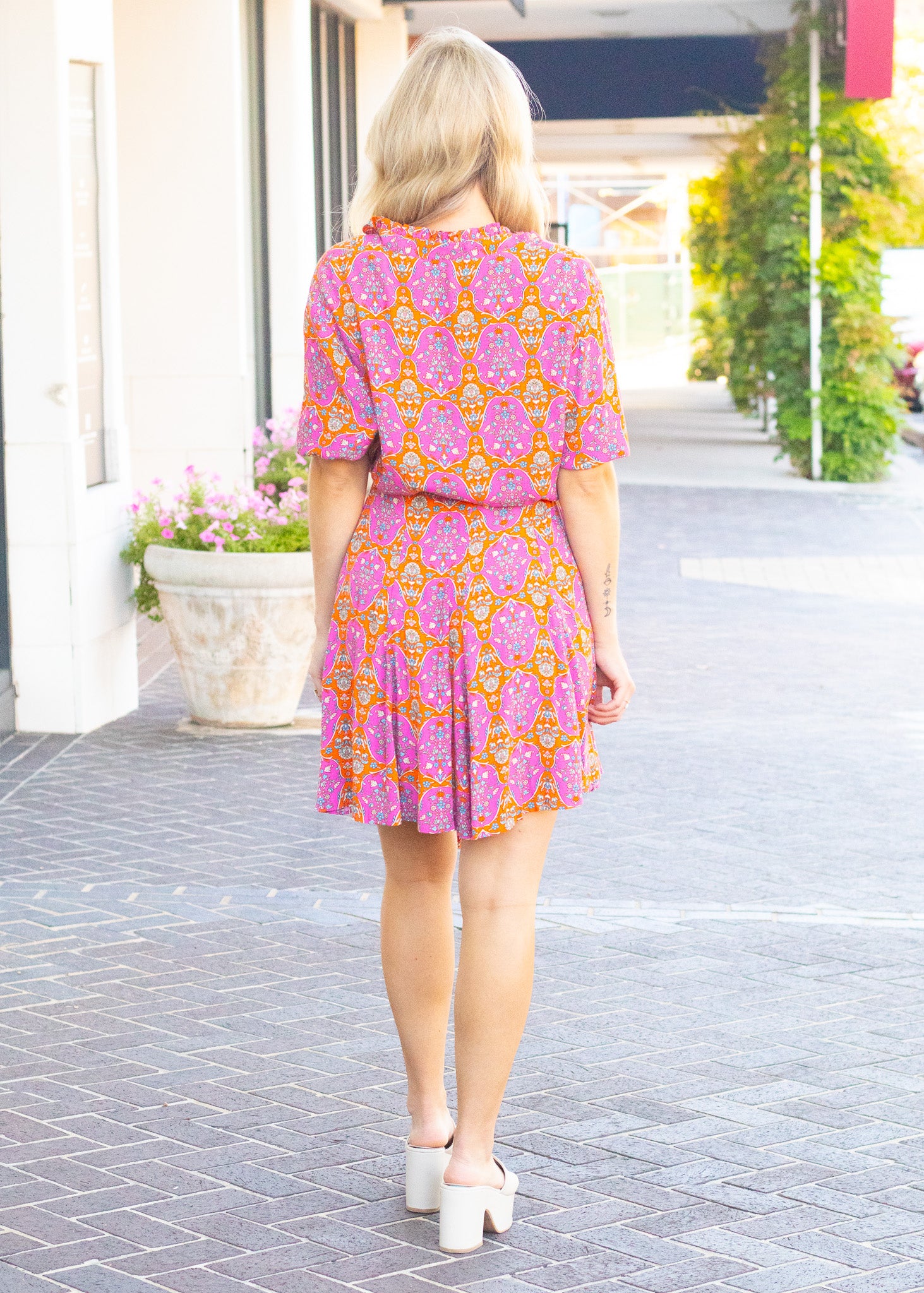 Pink & Orange Printed Belted Dress