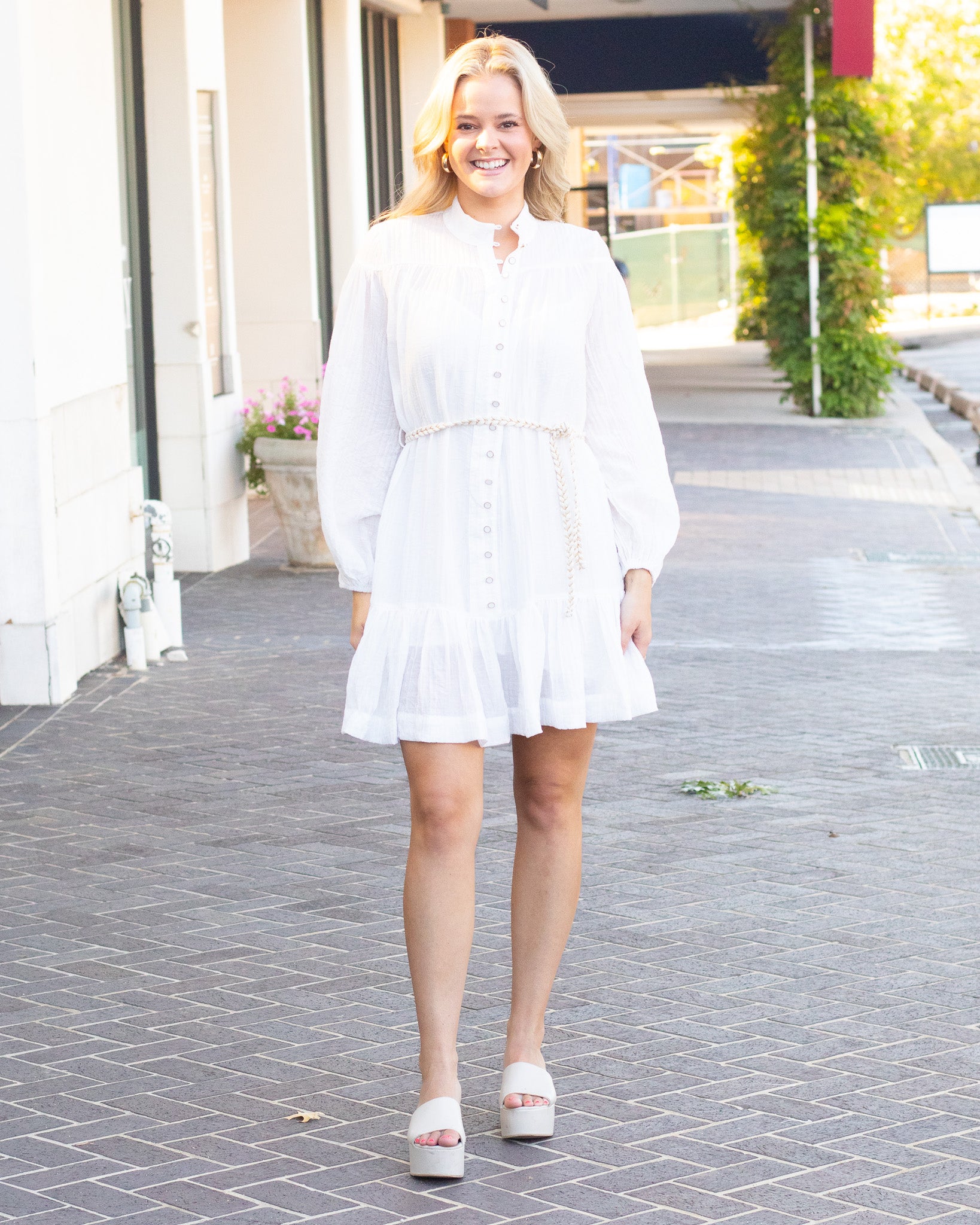 White Woven Belt Dress
