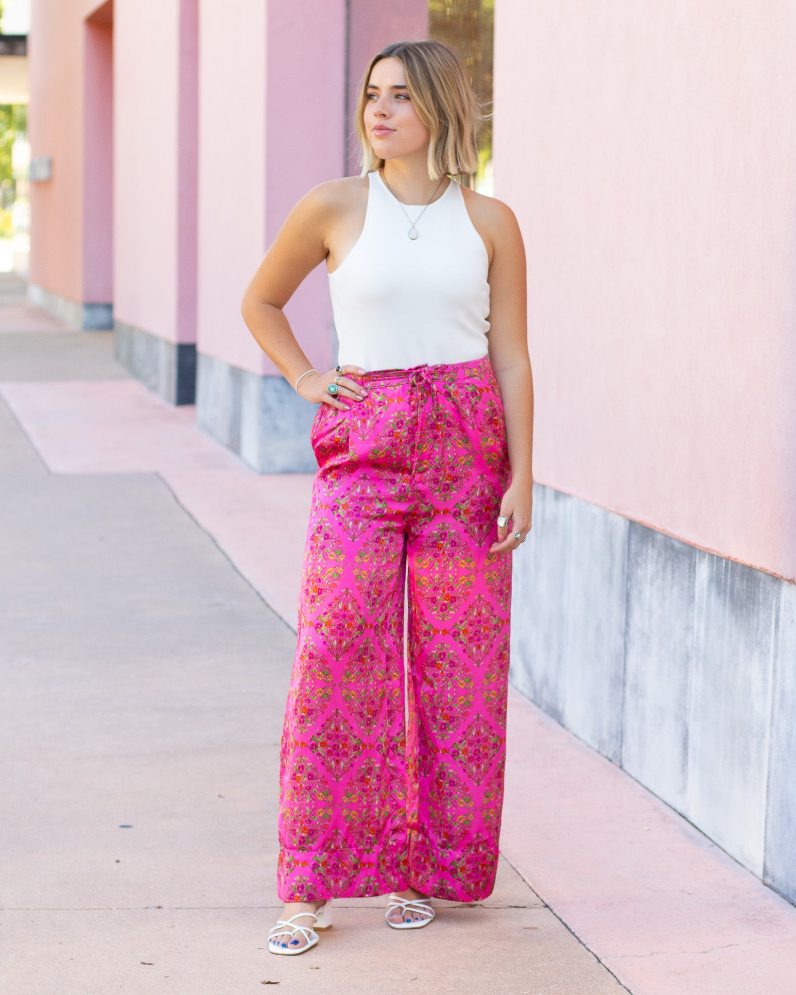 Pink Floral Satin Pants