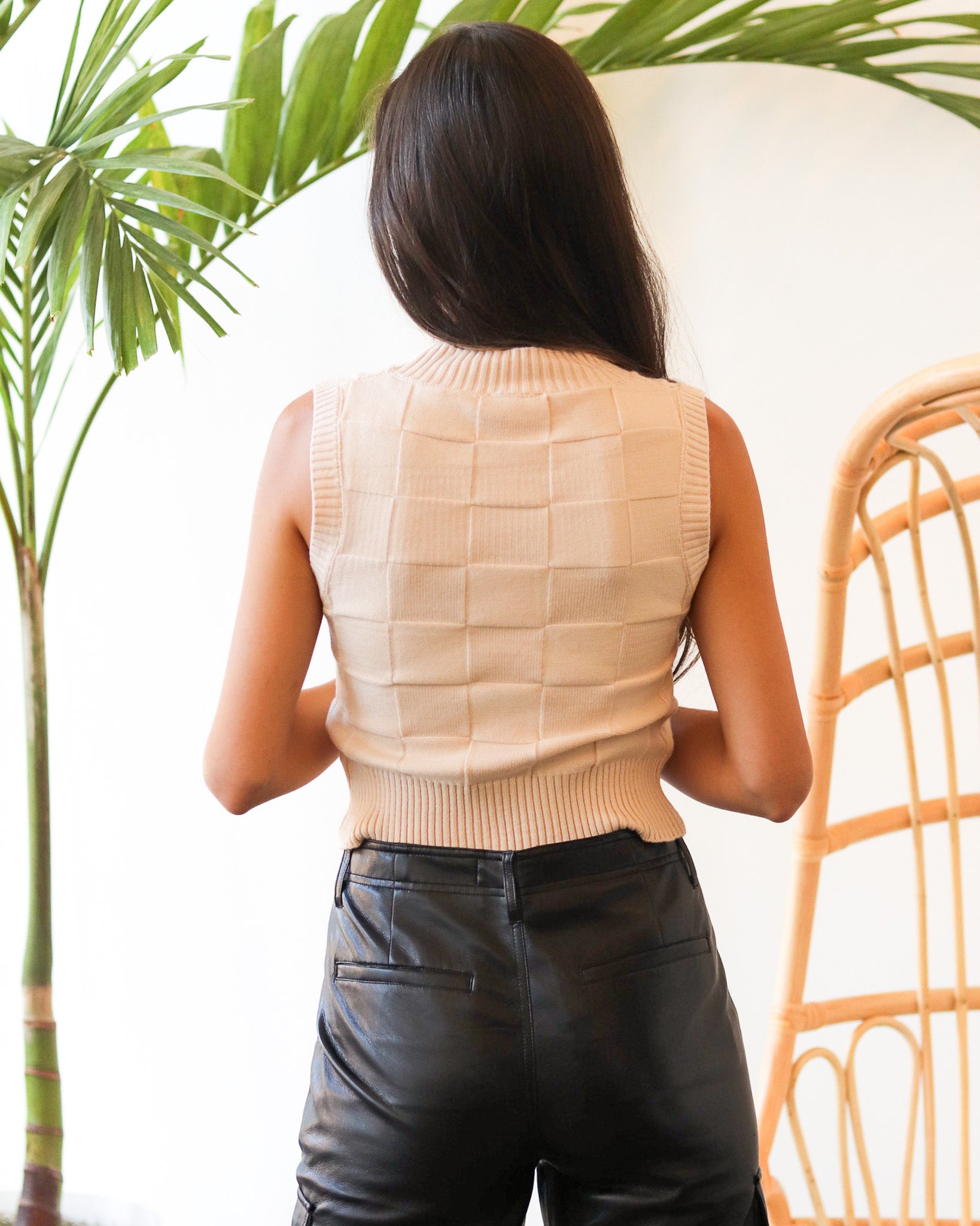Cream Checkered Turtle Neck Vest
