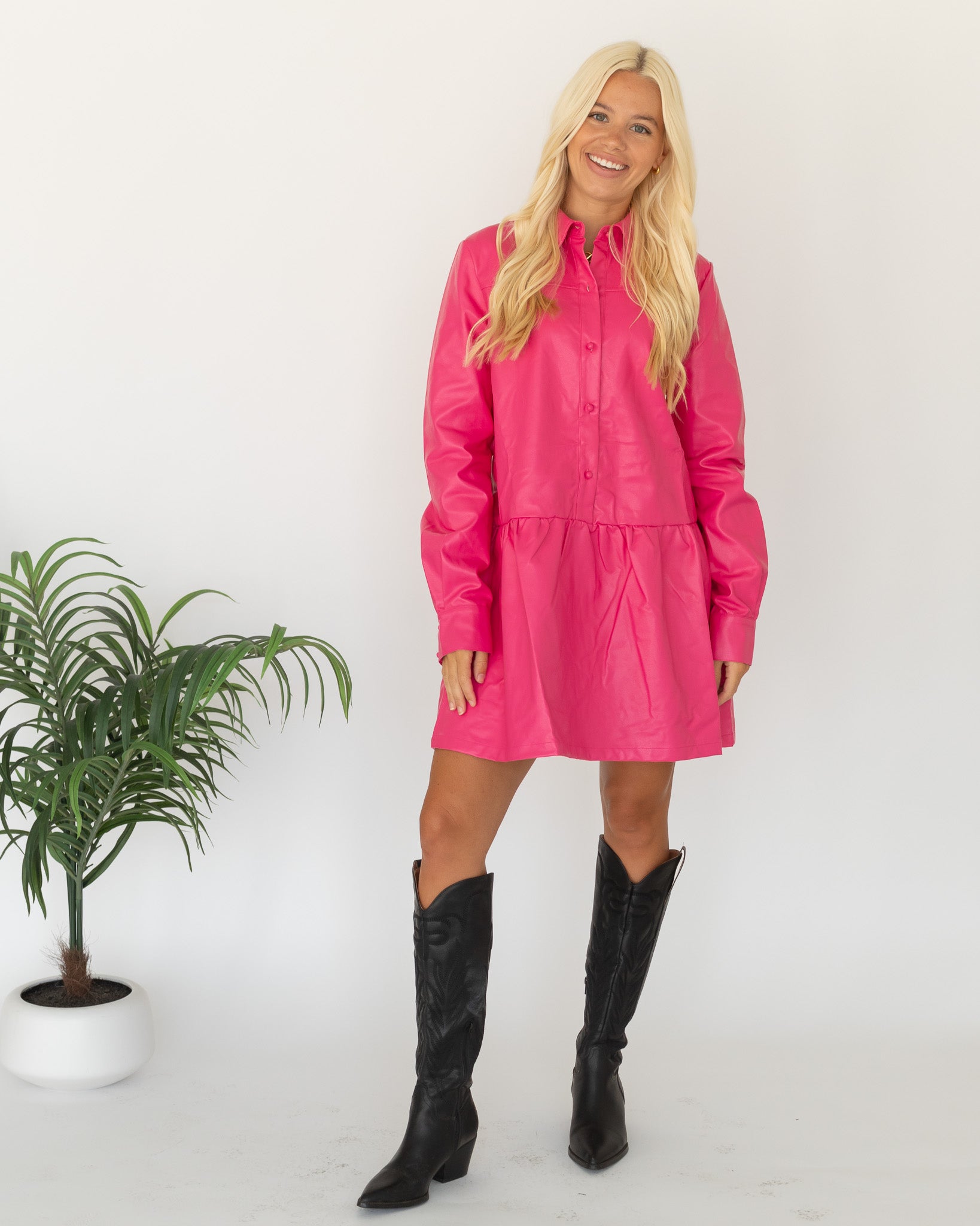 Pink Vegan Leather Mini Dress