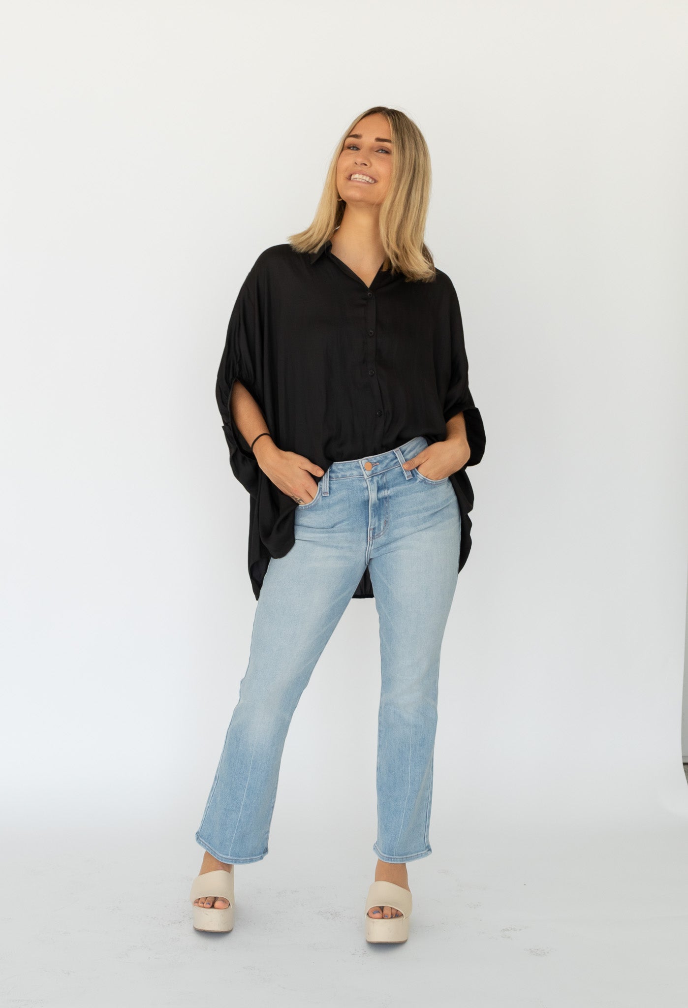 Bambino Creased Line Crop Baby Flares - Light Wash