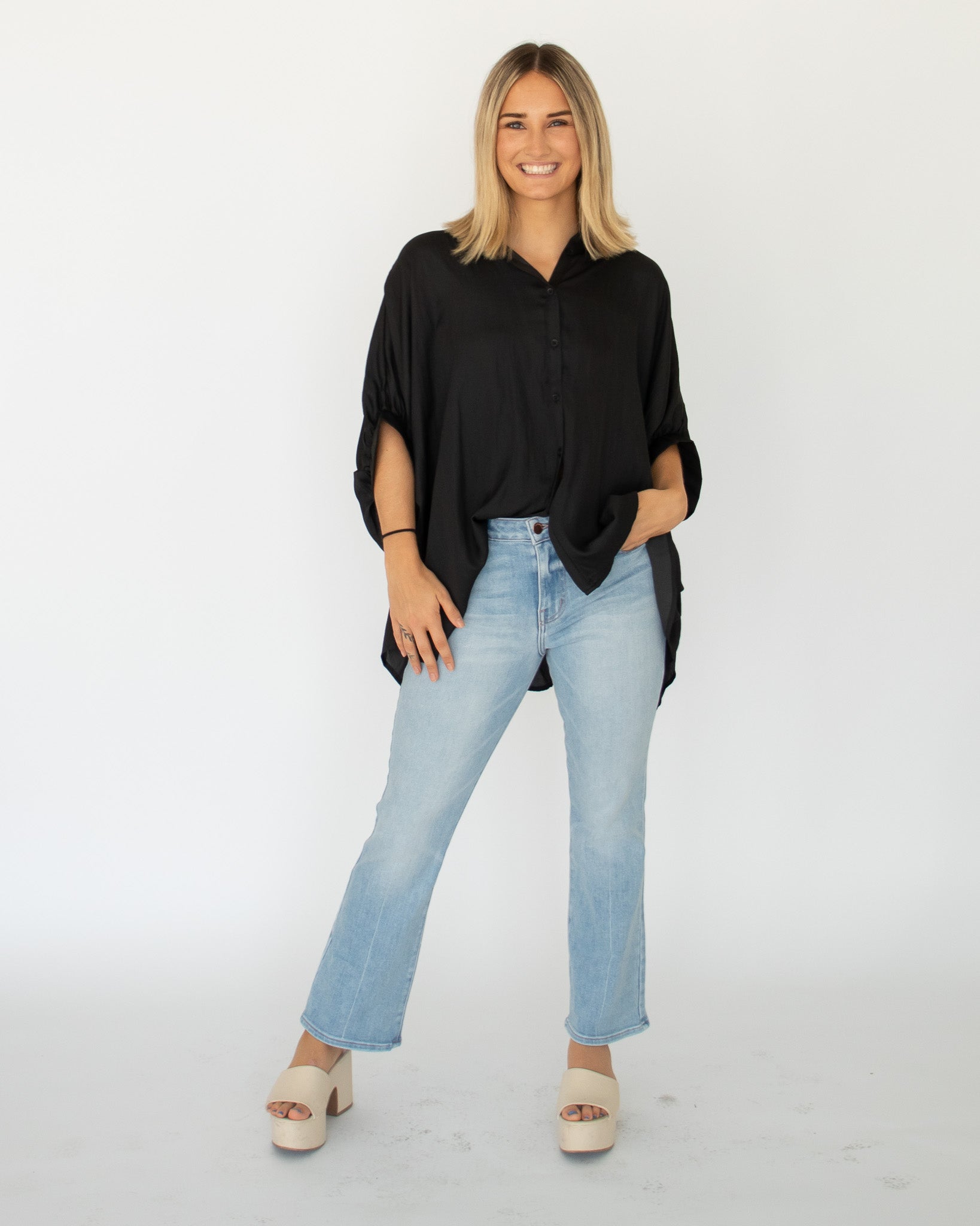 Satin Oversized Button Down - Black