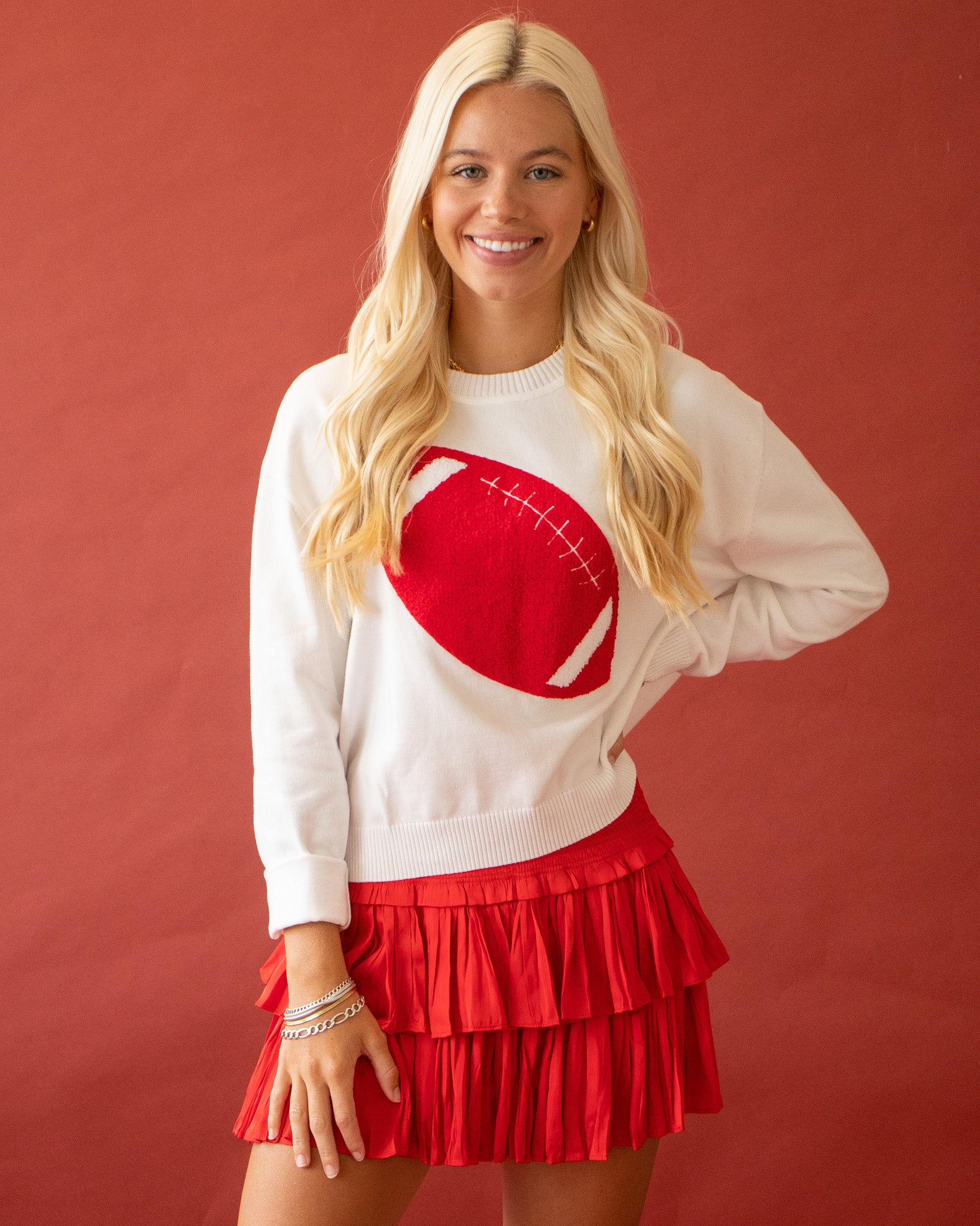 Big Red Embroidered Football Knit Sweater