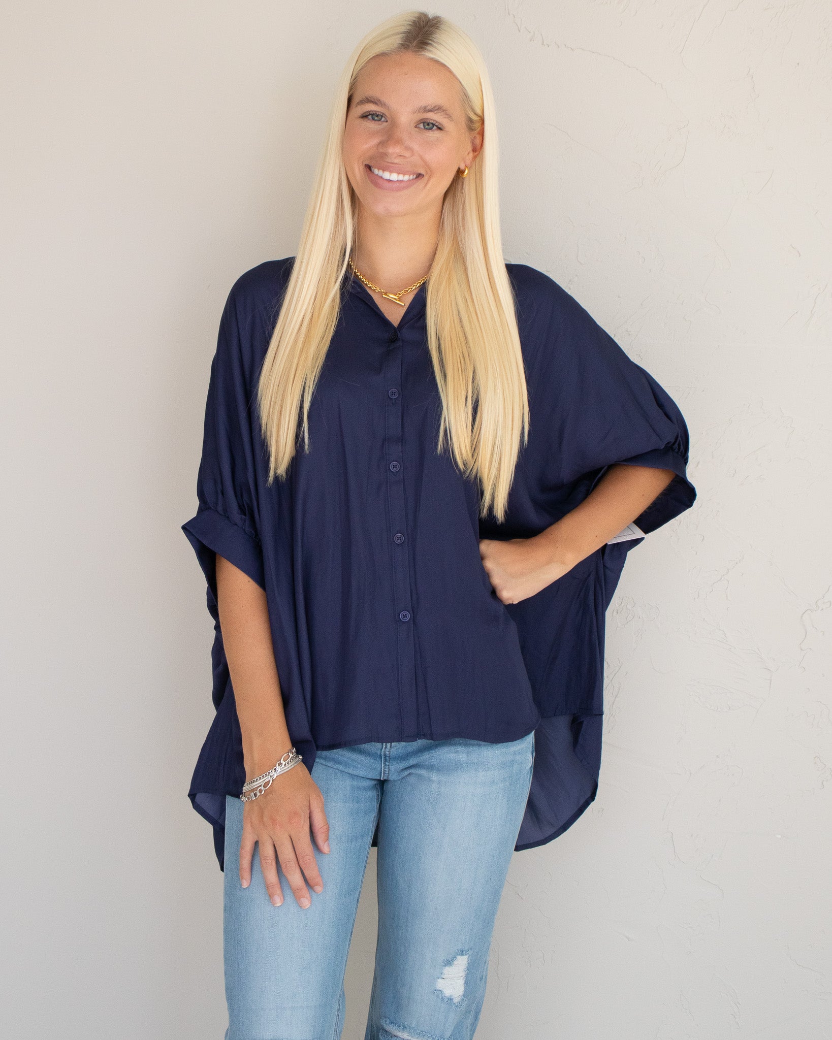 Satin Oversized Button Down - Navy