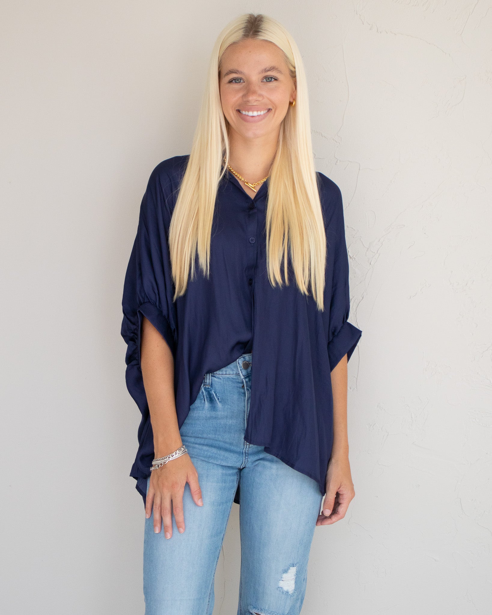 Satin Oversized Button Down - Navy