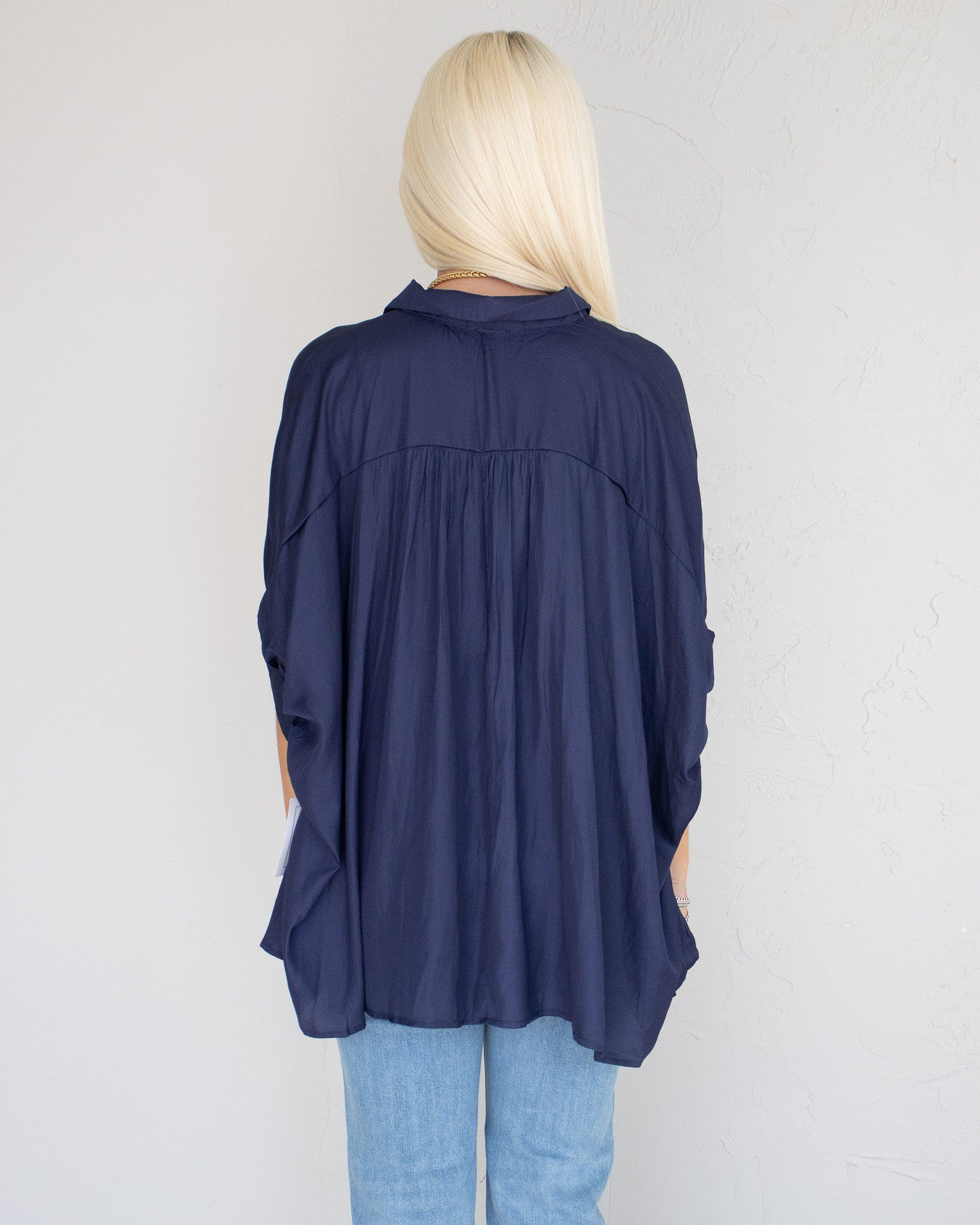 Satin Oversized Button Down - Navy