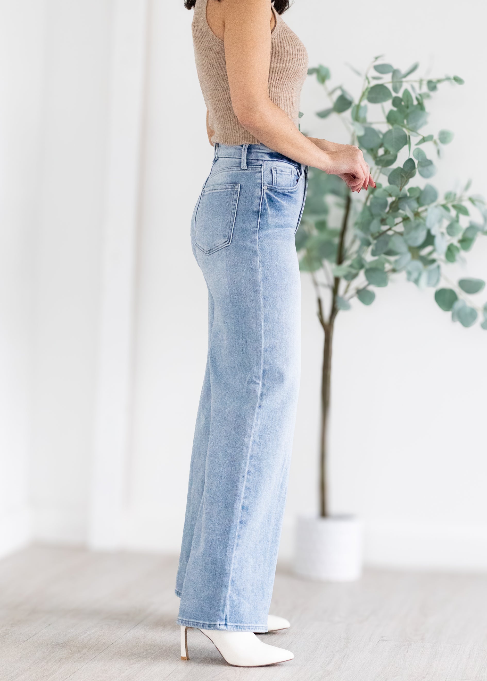 Person wearing light blue jeans with a neutral background and plant