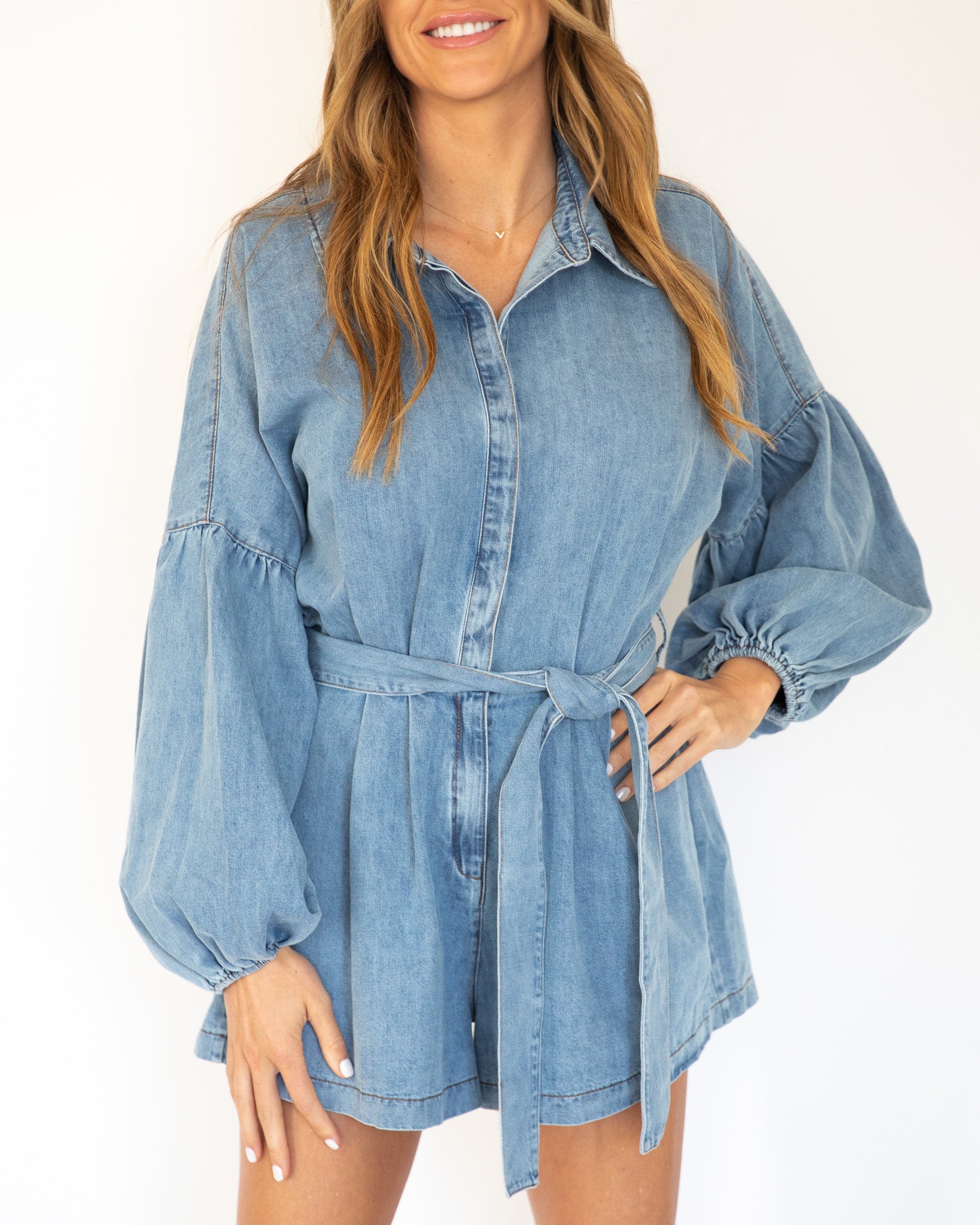 Denim Balloon Sleeve Romper