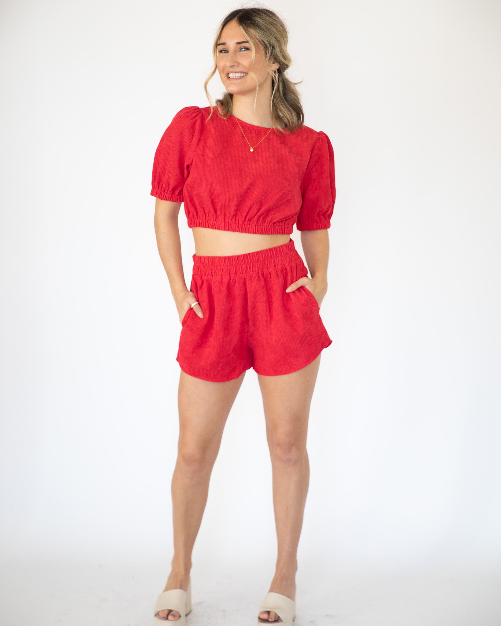Red Corduroy Top & Shorts Set