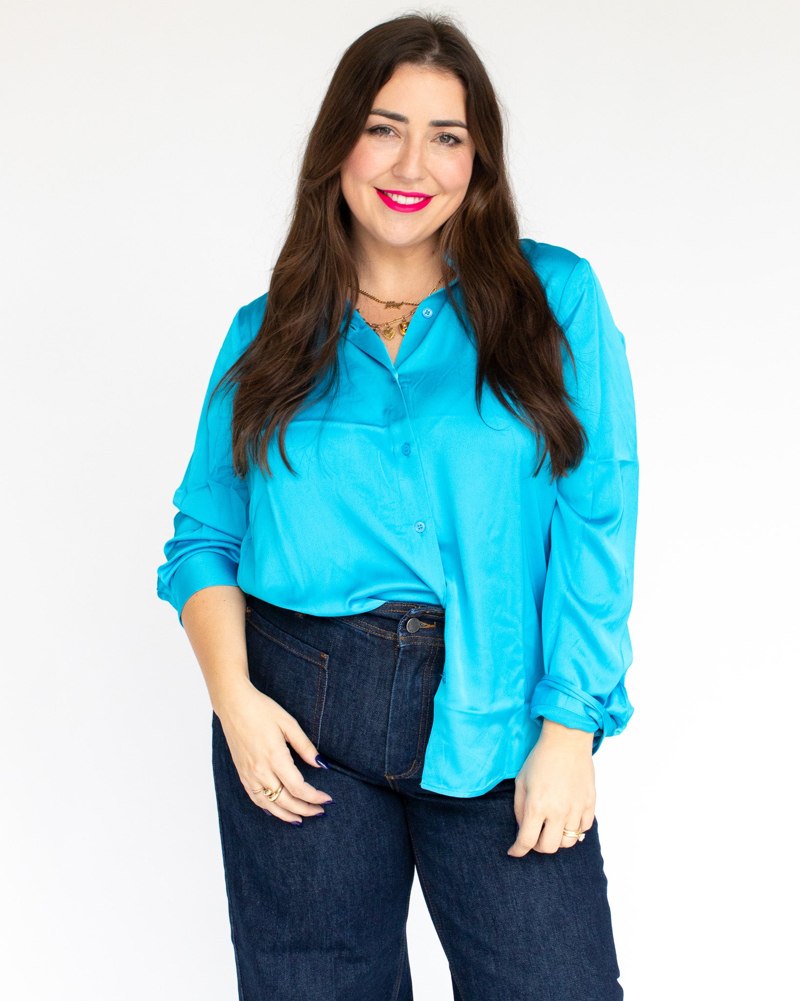 Bright Staple Satin Button Down - Vivid Blue